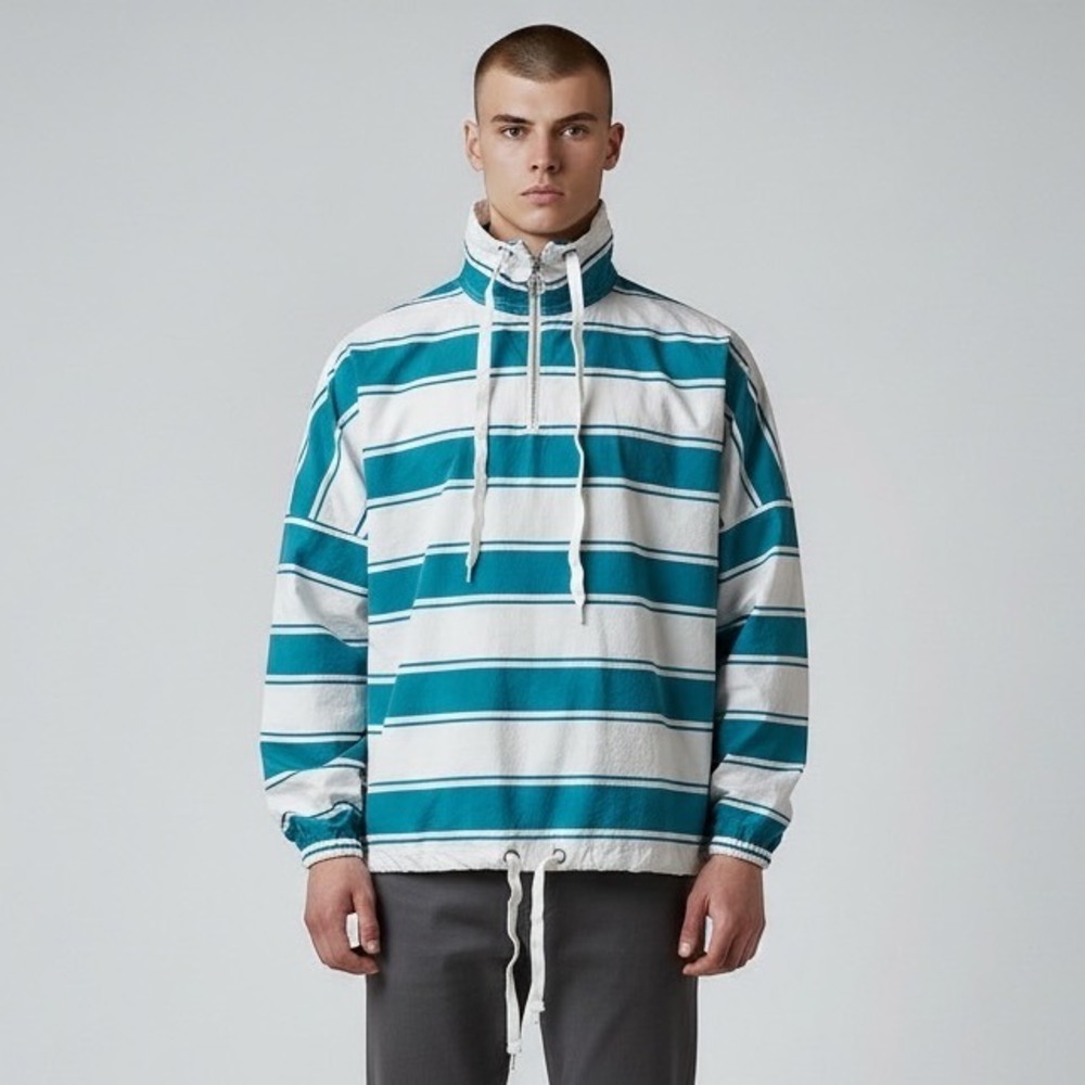 Urban Outfitters Mens Teal White Striped Quarter Zip Pullover Cotton‎ Small